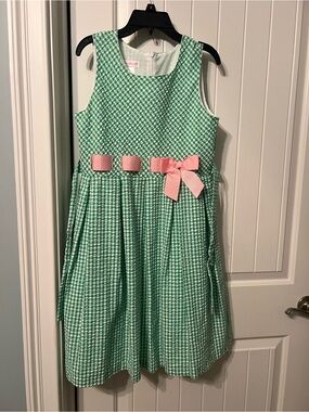 Bonnie Jean Girls 16 Green Searsucker Gingham Dress with Pink Bow
